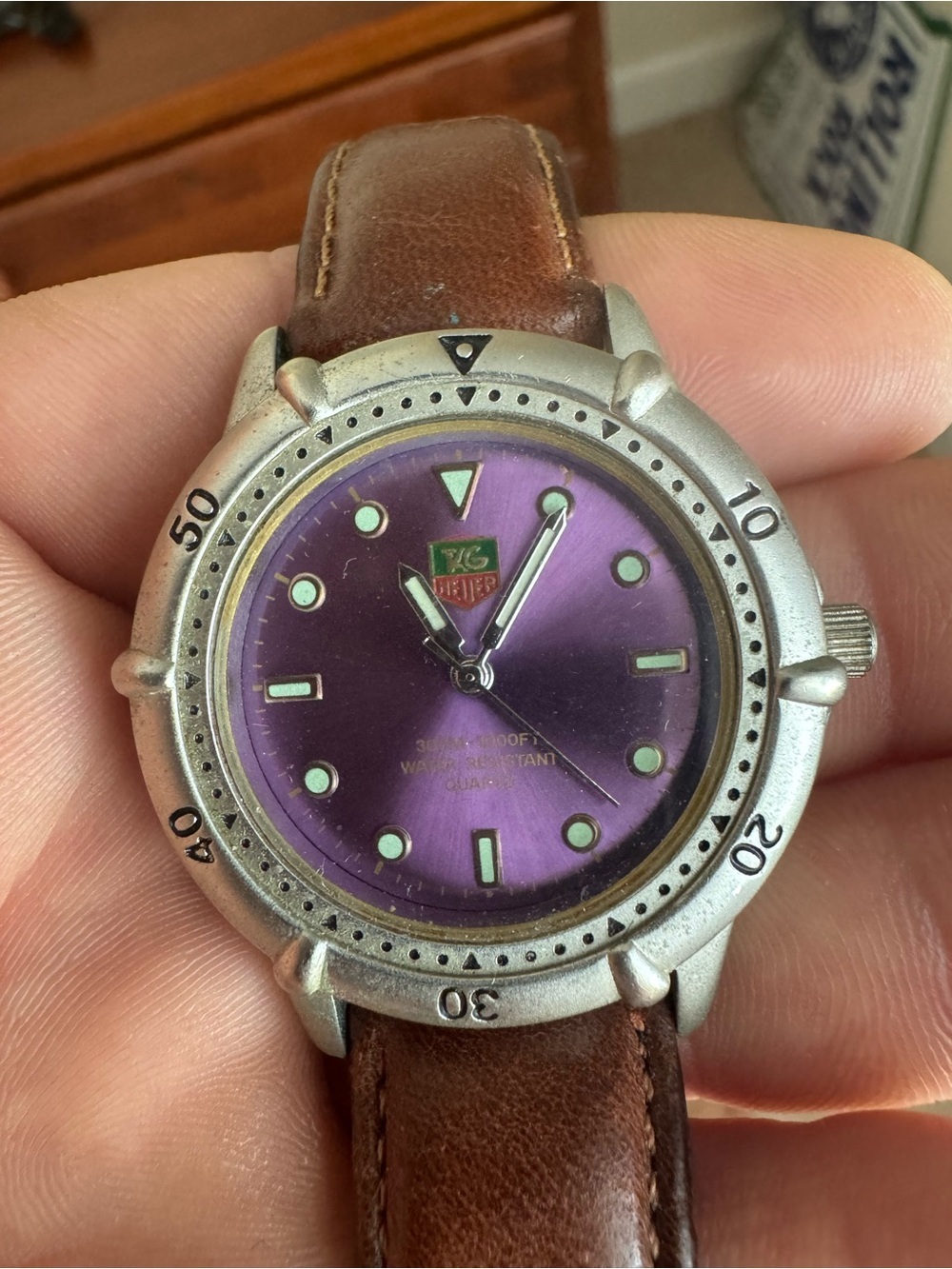 Vintage Tag Heuer Purple Dial Watch with Brown Leather Strap